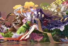brunettes water video games clouds touhou dress flowers animals tigers feet long hair ribbons plants Art HD Wallpaper
